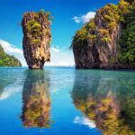 Phang Nga Bay from the beach looking out to the prominent limestone rock feature