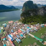 Aerial view of a floating village in ocean