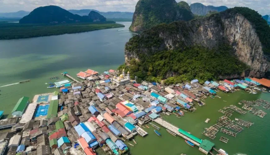 Aerial view of a floating village in ocean
