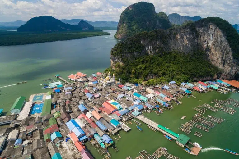 Aerial view of a floating village in ocean