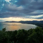 A drone view of Phuket, Thailand at sunset.