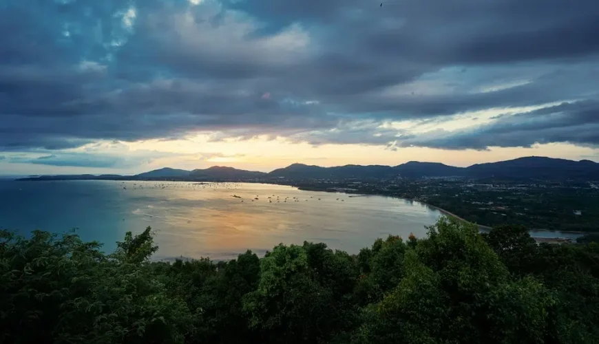 A drone view of Phuket, Thailand at sunset.