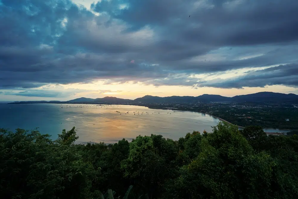 A drone view of Phuket, Thailand at sunset.