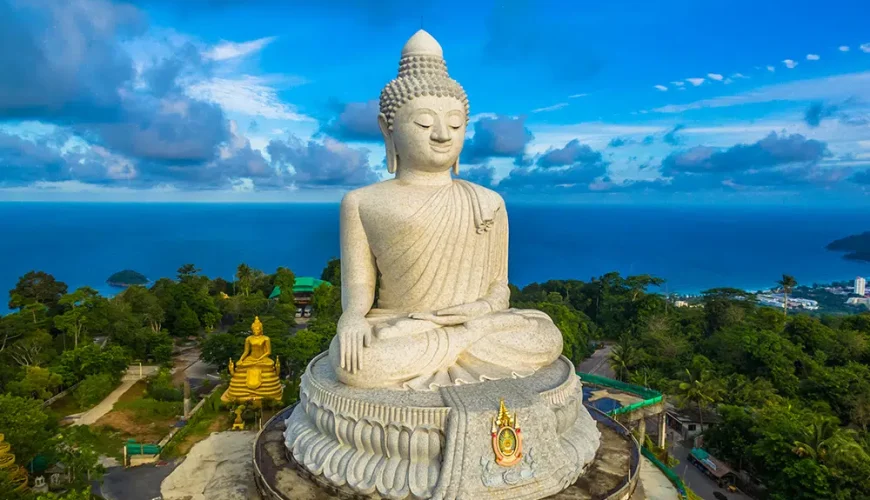 Big Buddha statue, Phuket, Thailand with a panoramic view