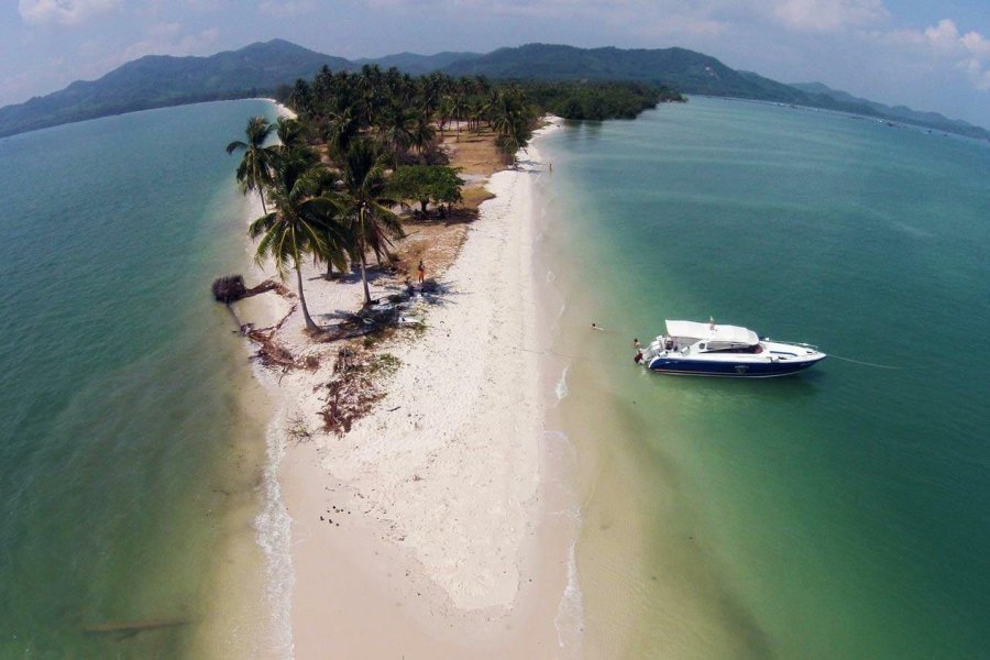 Aerial view of a Simba Sea Trips boat on a tropical beach