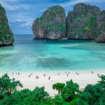 maya bay with people lying on the shore