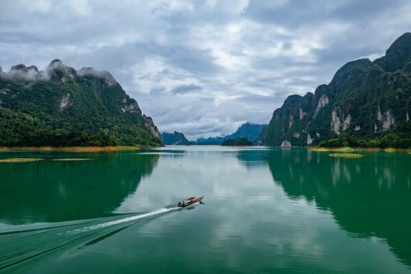 Aerial drone view of tourist boat on the khao lak